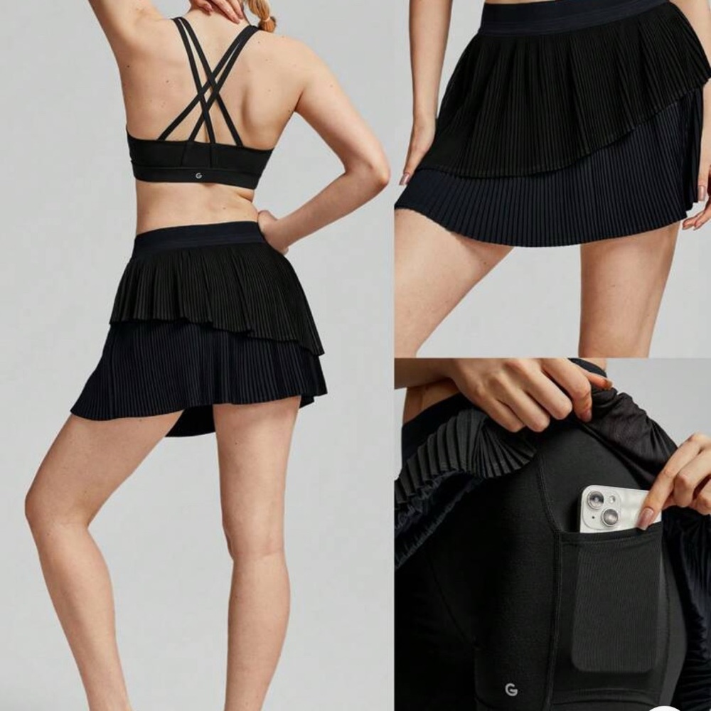 GLOWMODE Mesh Pleated Pocket Anti-Slip Skort Skirt With Built-In Shorts Size L